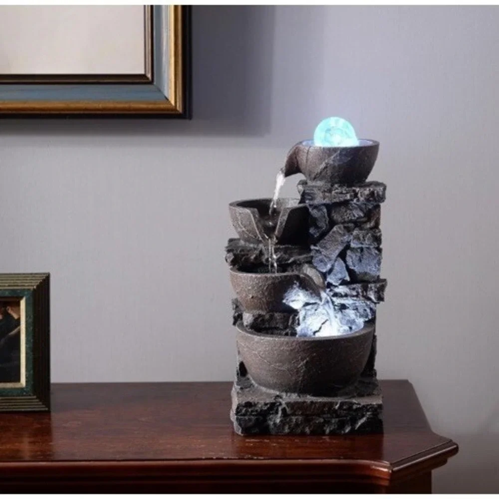 Home Décor Tabletop Fountain Indoor Stone Four Bowls Natural River Rocks